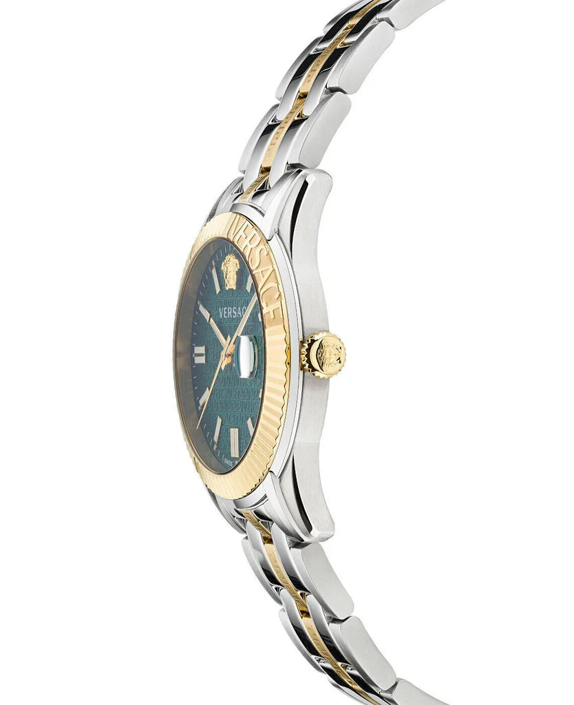 Versace Greca Time watch side profile displaying two-tone steel and gold bracelet
