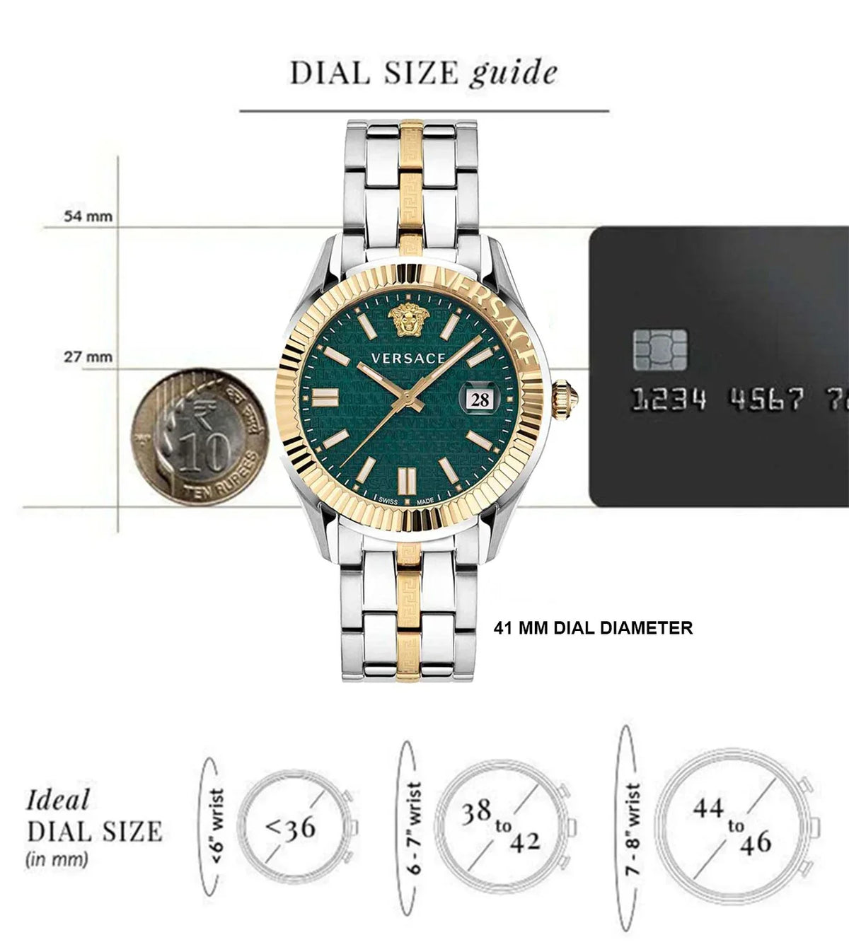 Versace Greca Time watch dial size guide showing 41mm case with two-tone bracelet