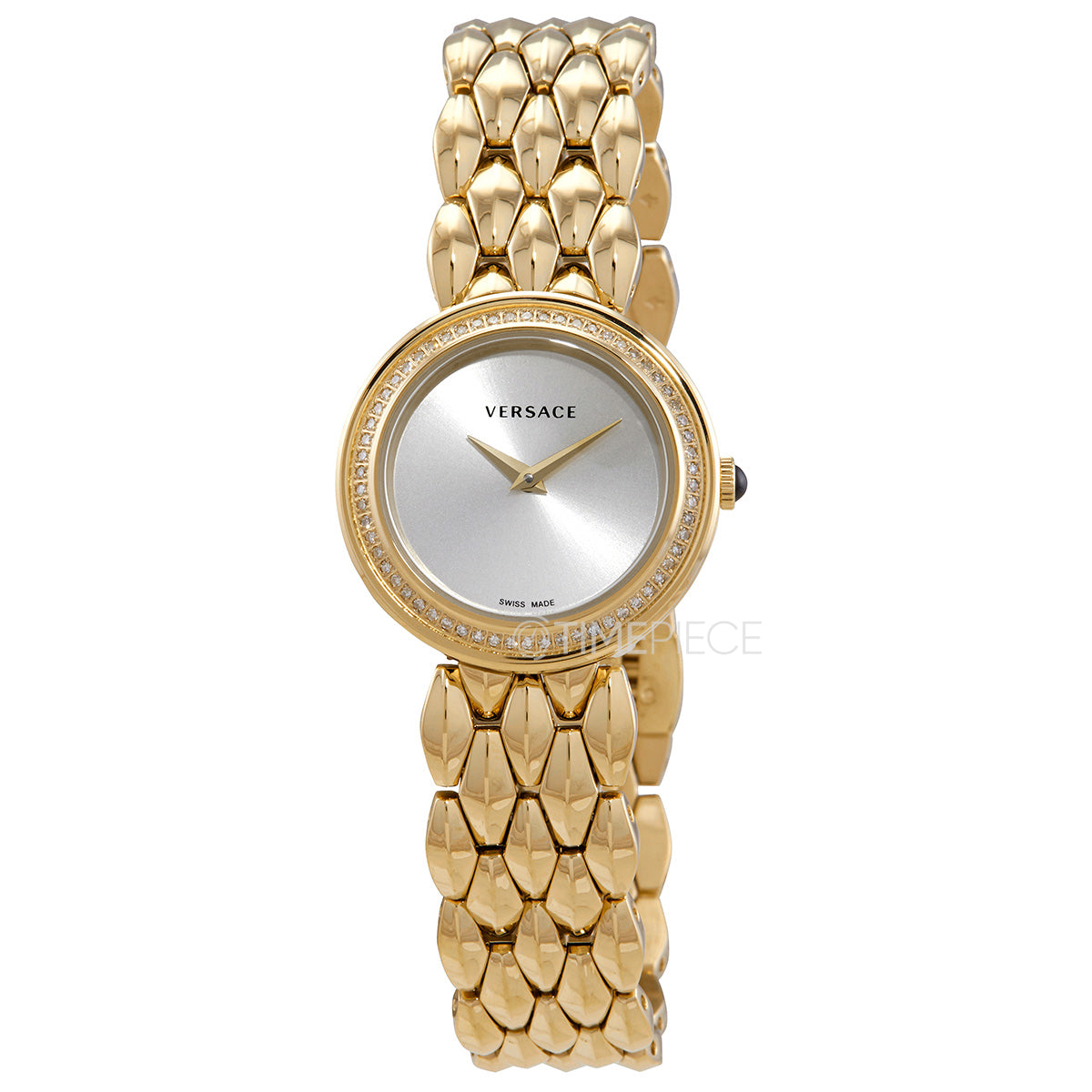 Versace gold watch at angle showing silver dial and gold link bracelet