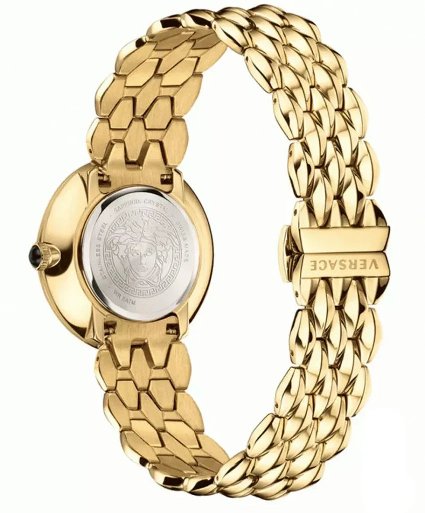 Versace watch caseback showing circular medallion and gold link bracelet