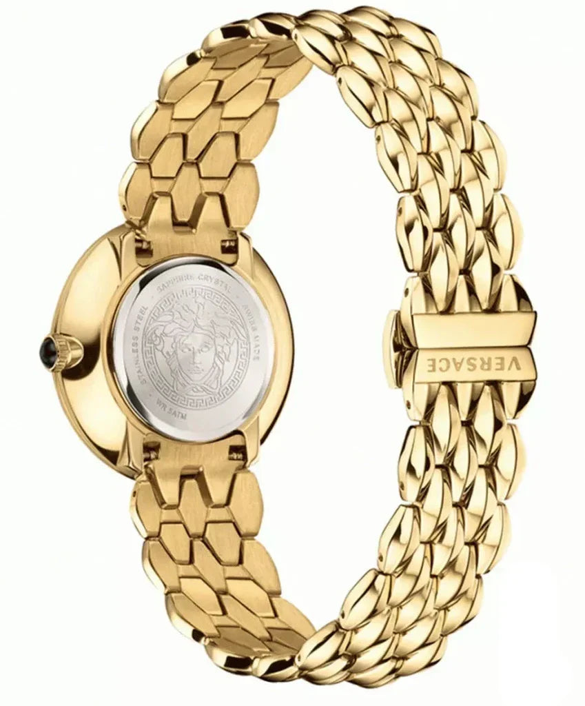 Versace watch caseback showing circular medallion and gold link bracelet