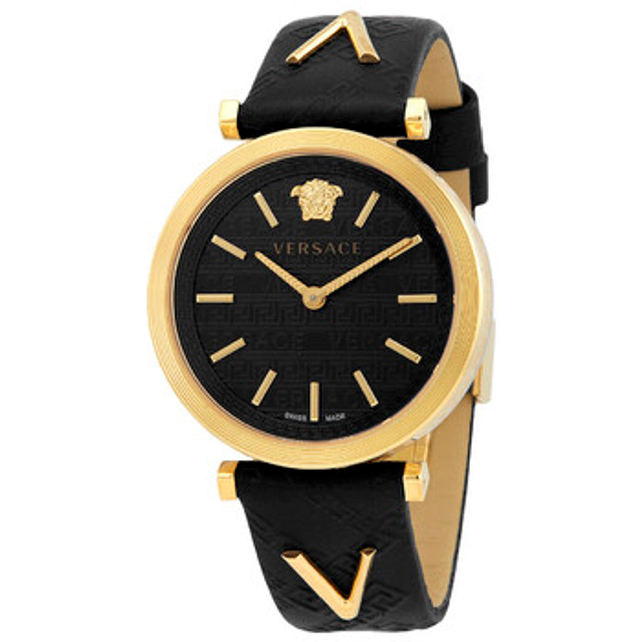 V-Twist watch angled view showing gold-tone bezel and black leather strap with V logo