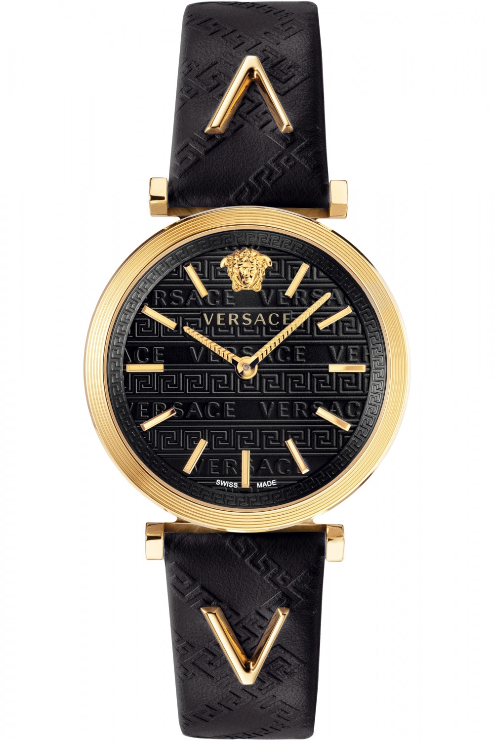 Versace V-Twist black dial watch with gold-tone case and black leather strap