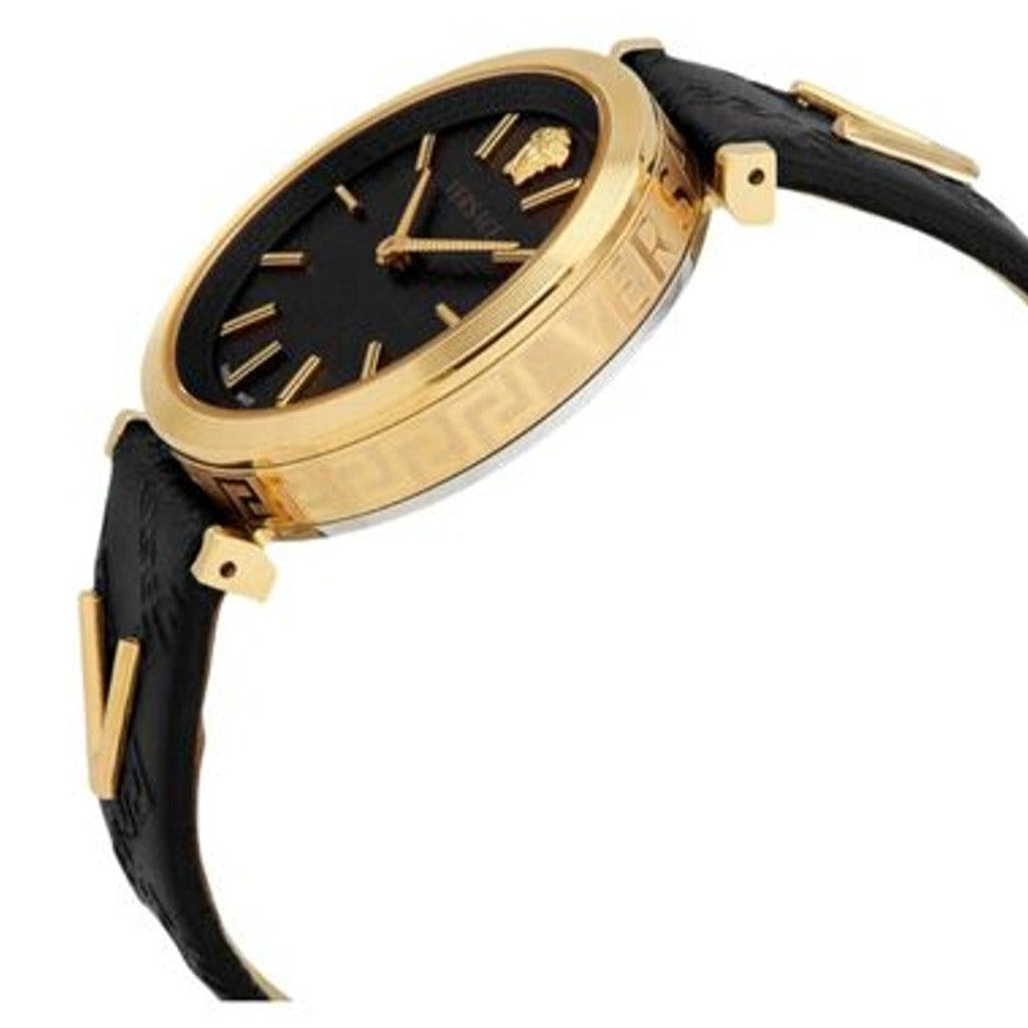 Side profile of V-Twist watch with gold-tone case and black quilted leather strap