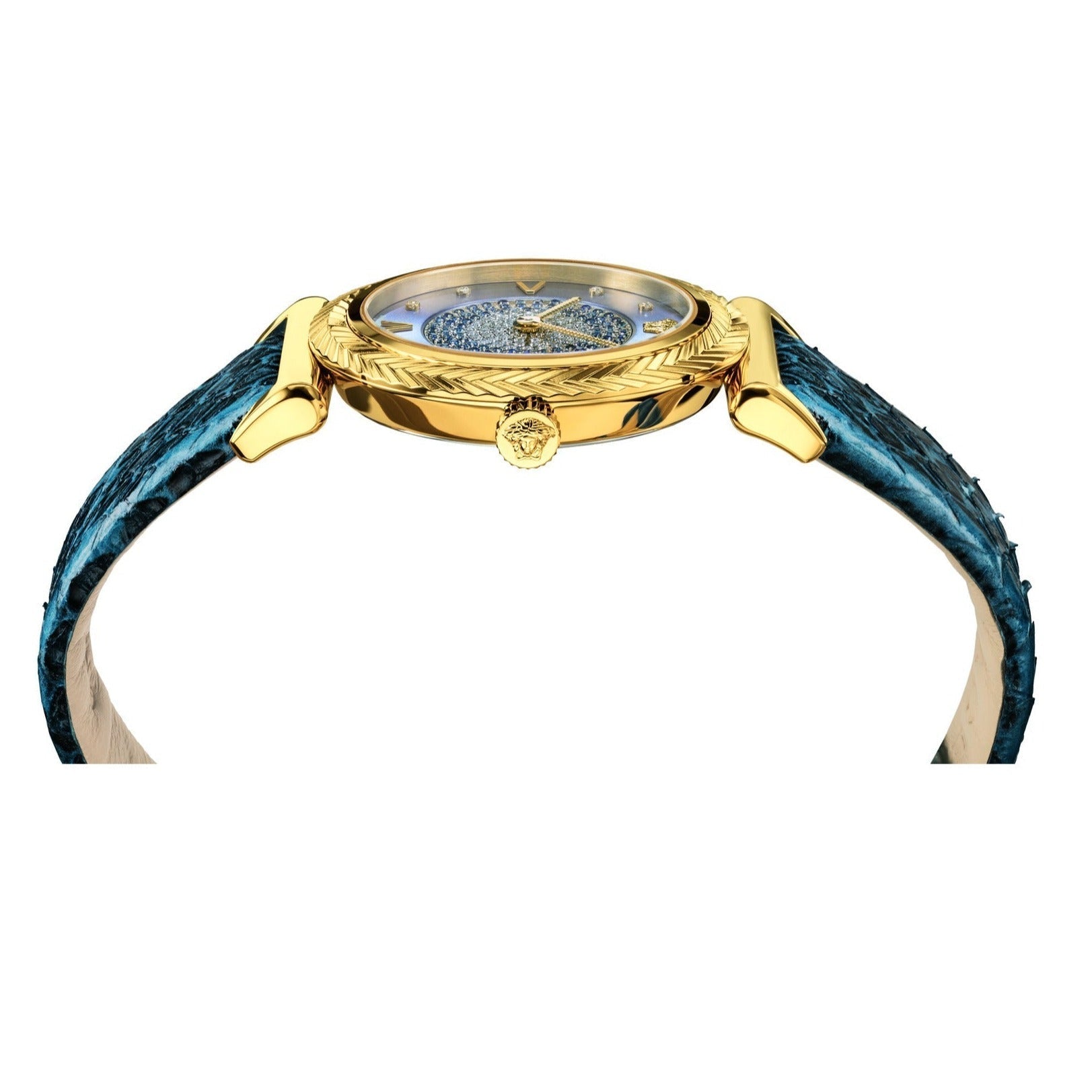 Side angle view of Versace V-Motif watch showing gold twisted bezel and blue leather strap