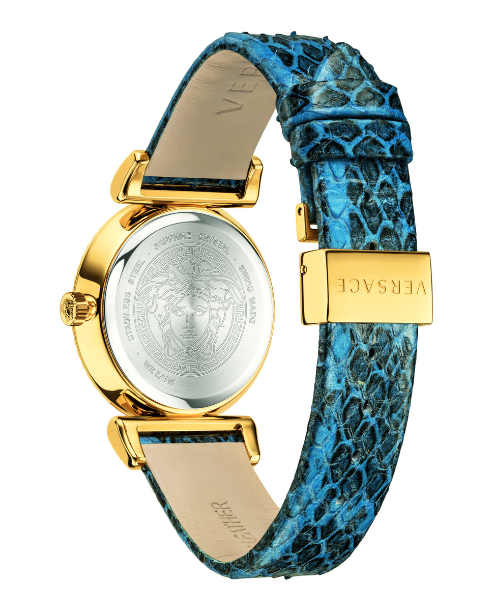 Caseback view of Versace V-Motif watch with Versace medallion and blue leather strap detail