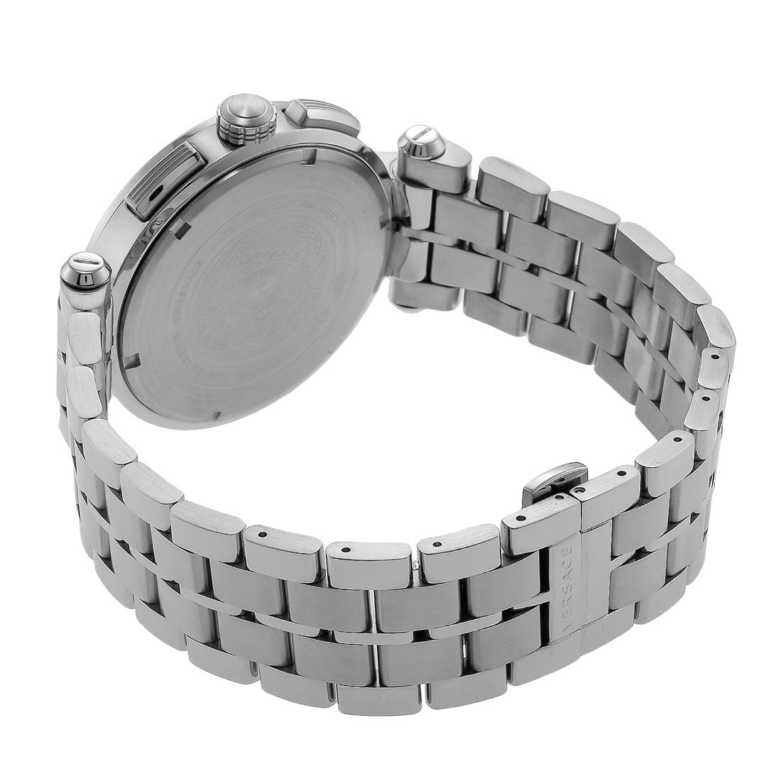 Versace Aion Chronograph silver bracelet watch shown from case back and side profile