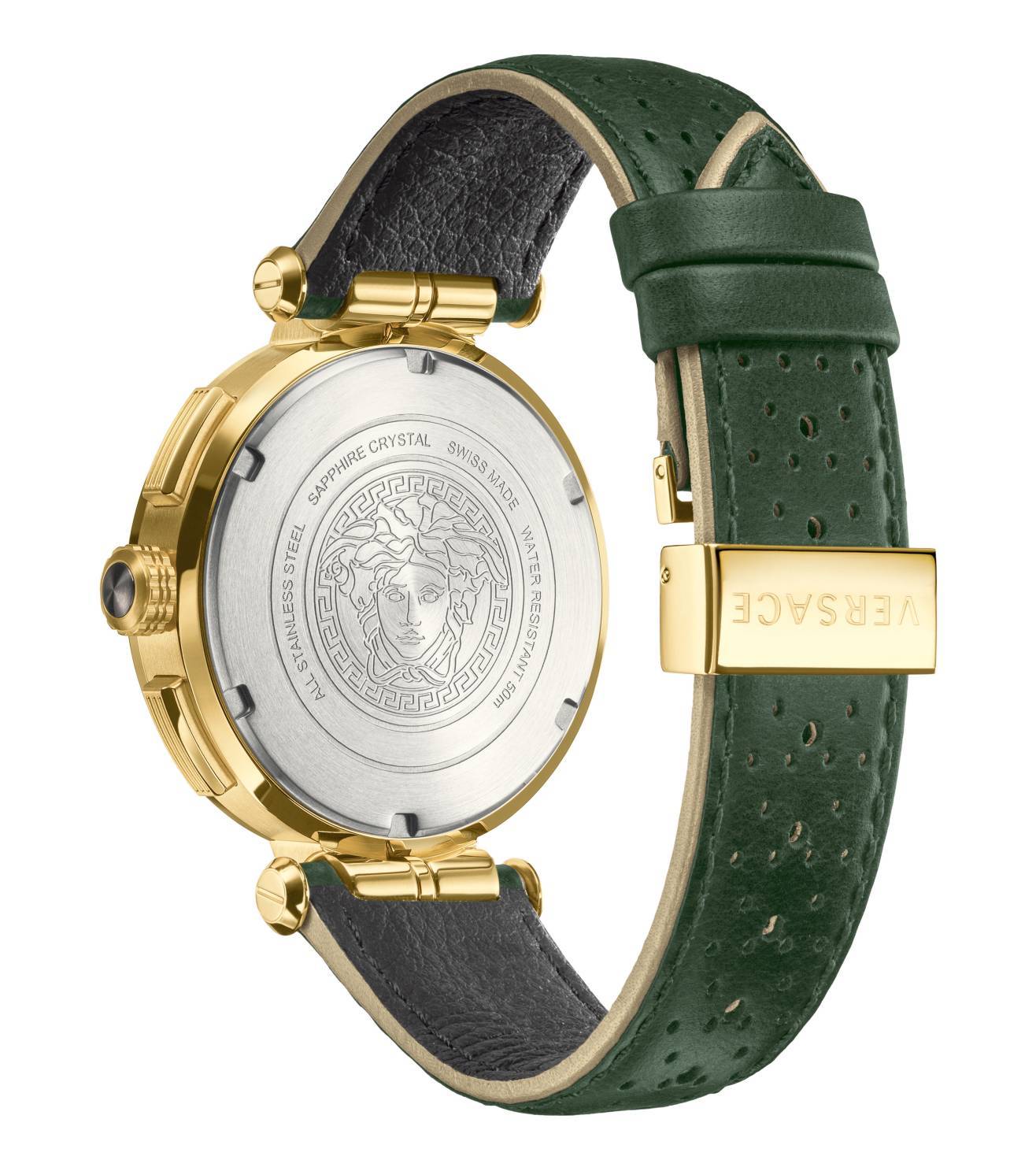 Caseback of Versace Aion chronograph with Medusa logo and green leather strap detail