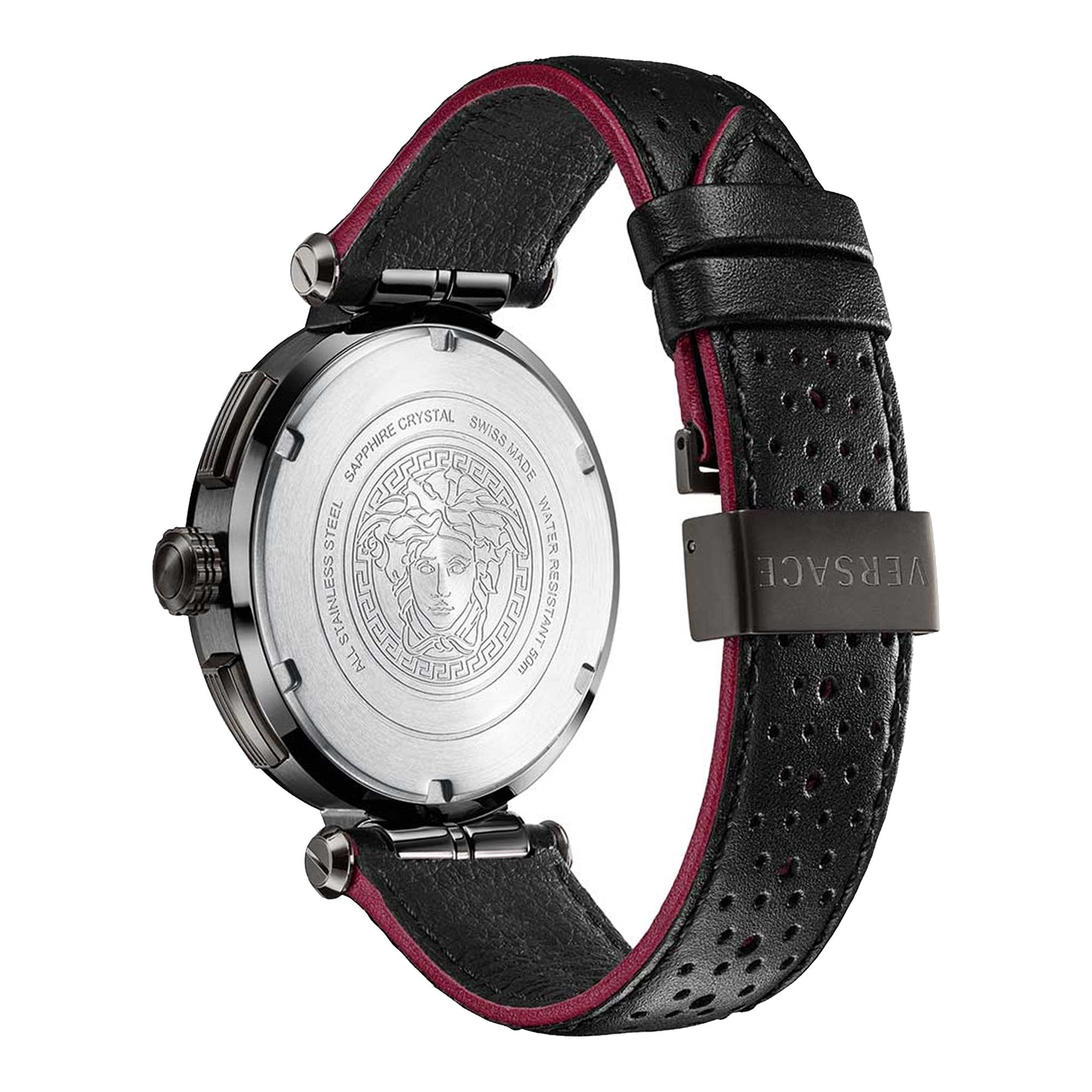 Versace Aion watch caseback showing Medusa medallion engraving and red-lined leather strap