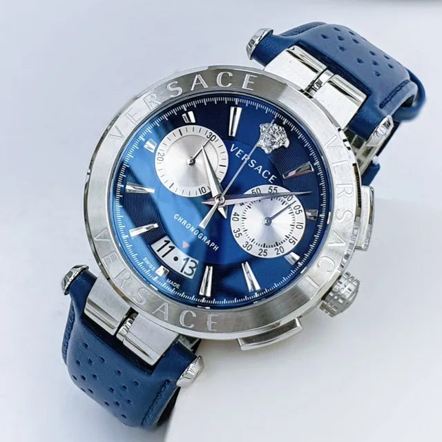 Versace Aion chronograph timepiece showing blue dial and blue perforated leather strap