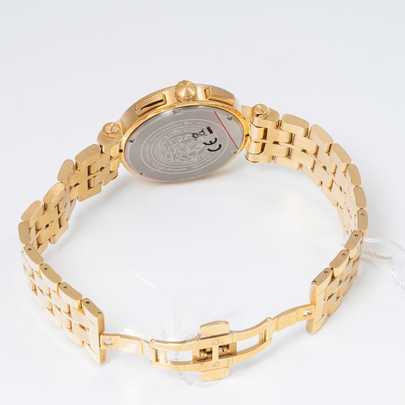 Caseback of Versace Aion gold chronograph watch with engraved detail