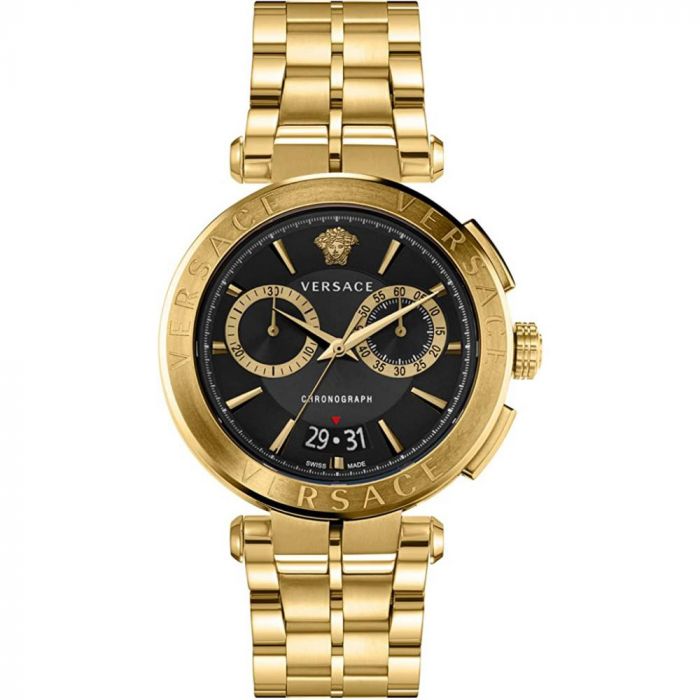 Versace Aion chronograph men's watch with gold case, black dial, and gold-tone bracelet