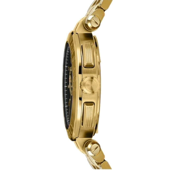 Side view of Versace Aion gold chronograph watch showing case profile and crown