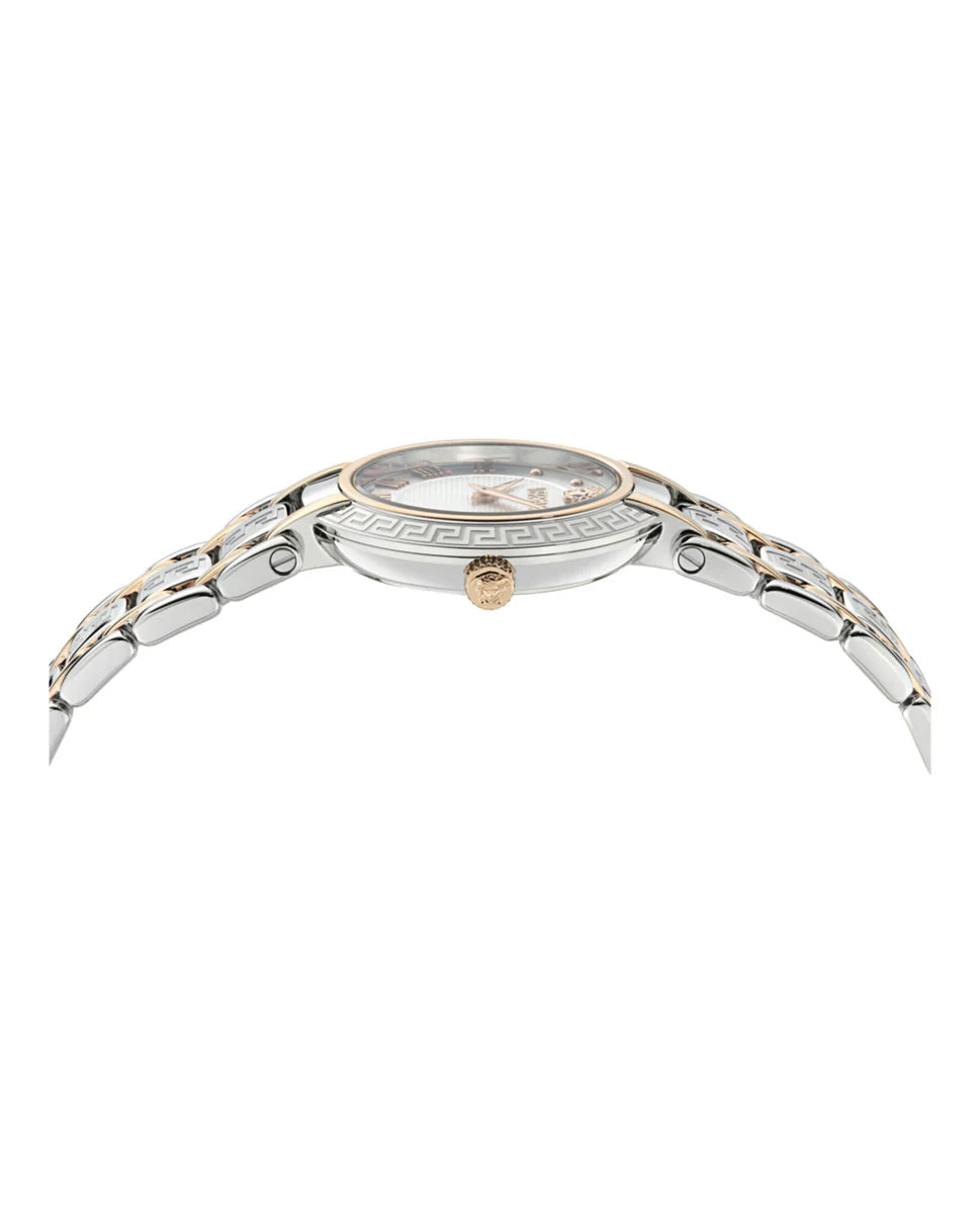 Versace Antlia watch angled view with white dial and rose gold silver bracelet