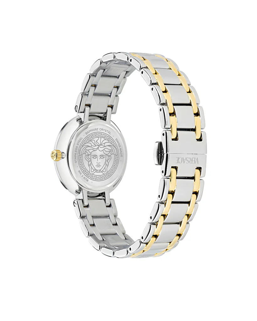 Versace Antlia watch caseback showing two-tone stainless steel bracelet and Medusa logo