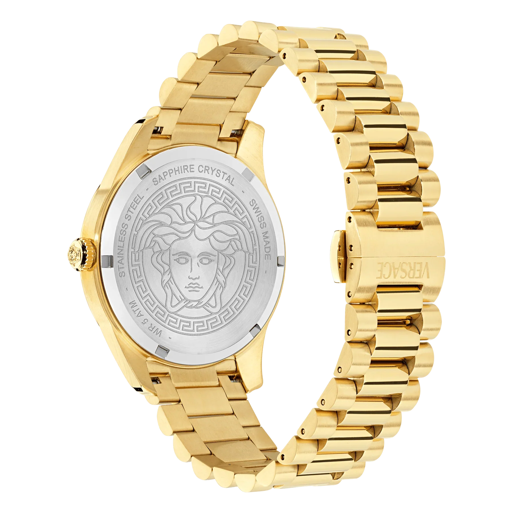 Versace Apodis GMT VE0U00525 caseback showing sapphire crystal with Medusa head motif