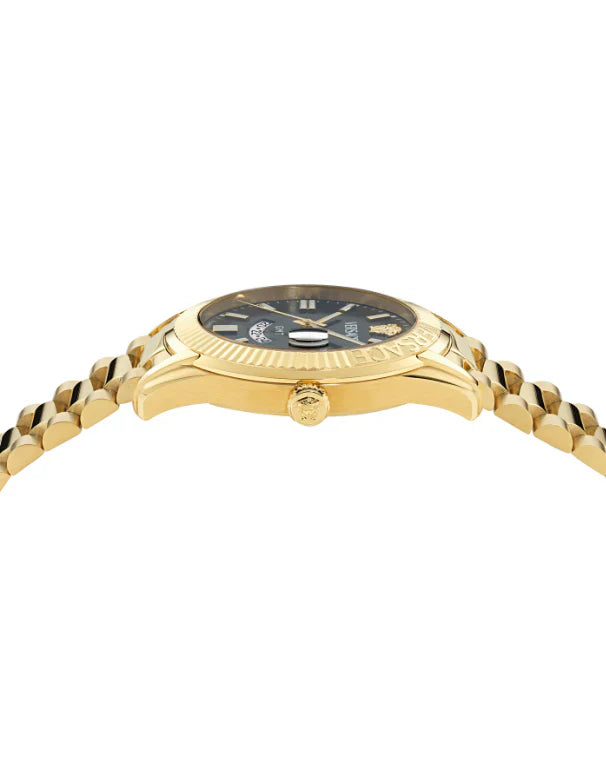 Side view of Versace Apodis GMT watch showing gold-tone case profile and integrated bracelet