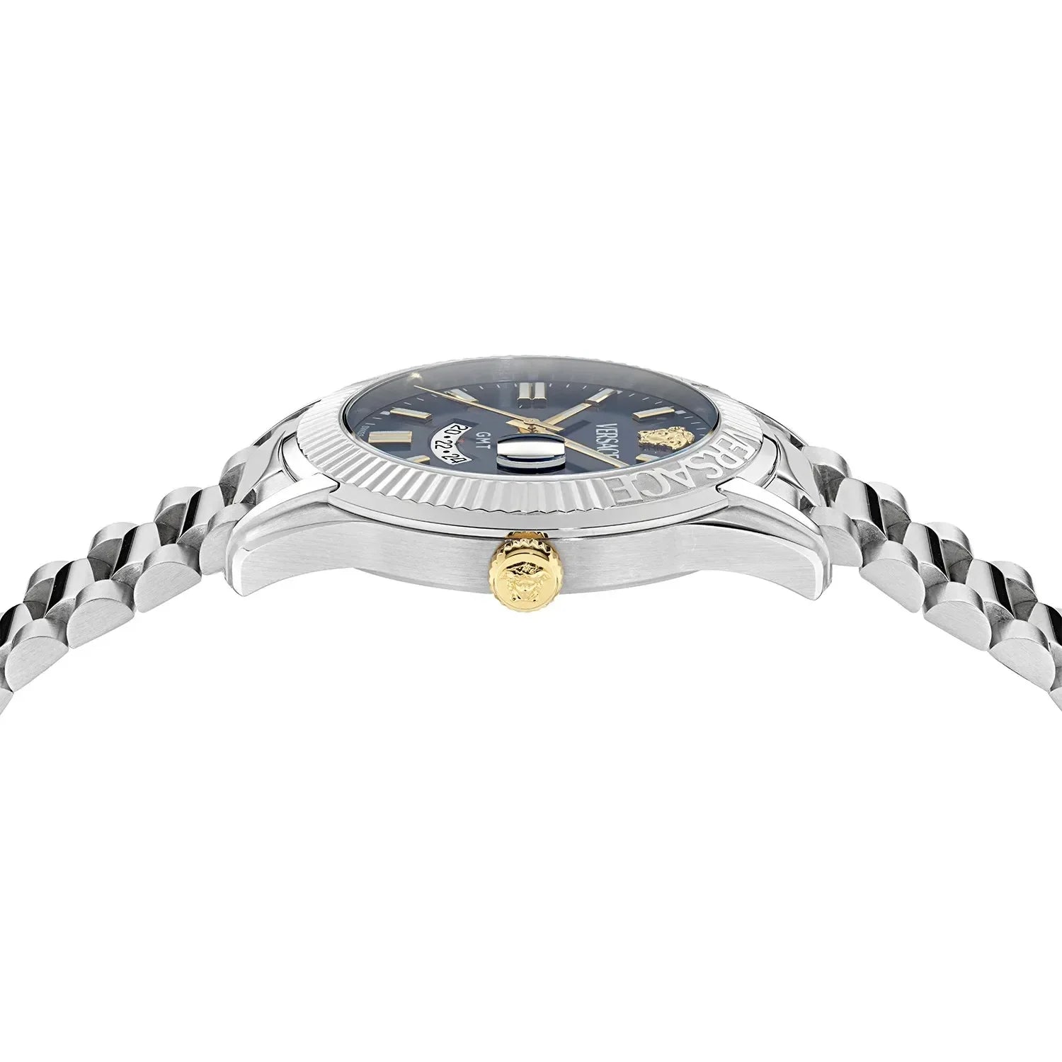 Versace Apodis watch side view showing silver bracelet and case profile