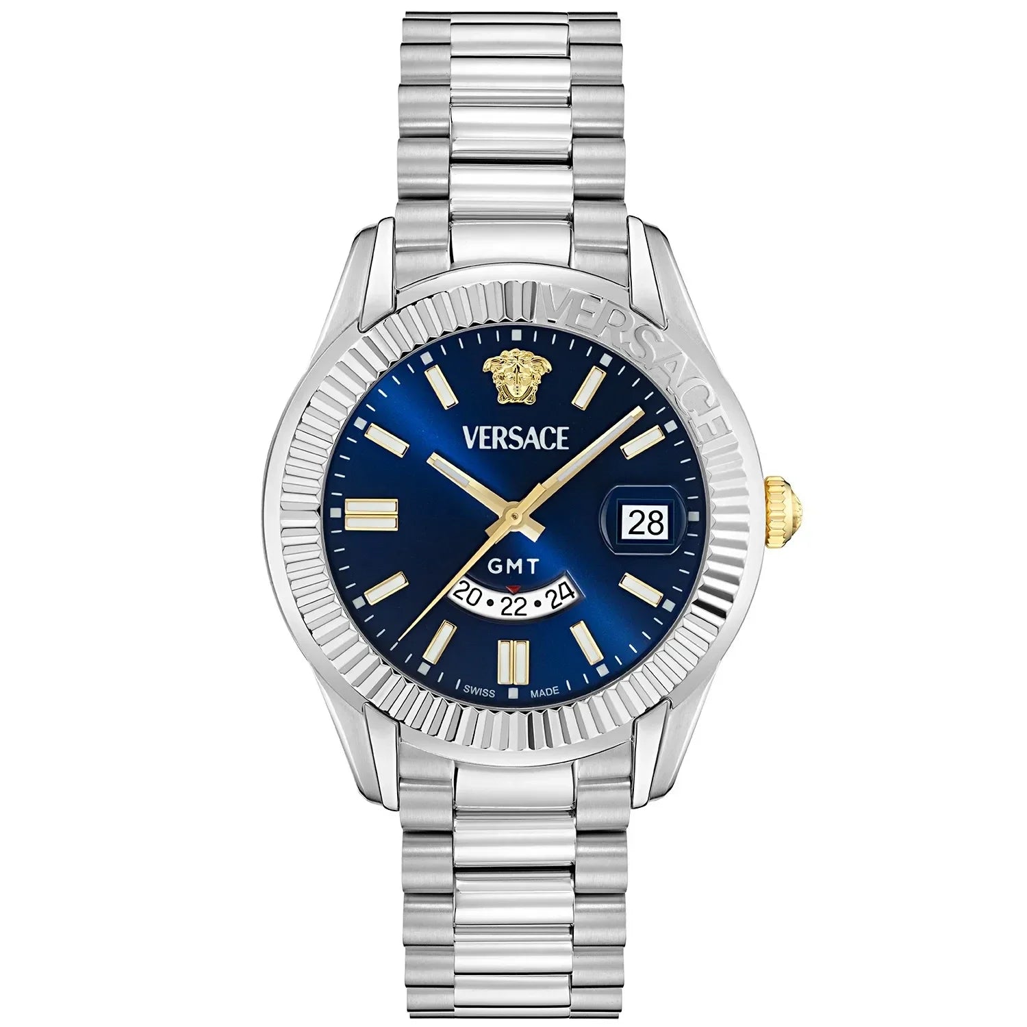 Versace Apodis men's watch with blue dial, silver case, bracelet and date window