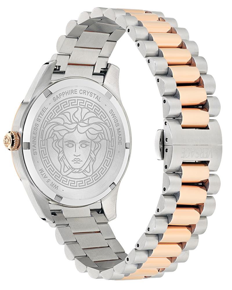 Versace APODIS watch caseback with Versace medusa logo, sapphire crystal, and rose gold and silver two-tone bracelet