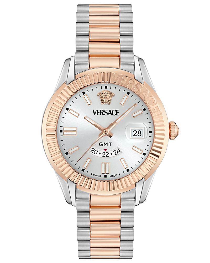 Versace APODIS silver dial rose gold and stainless steel men's watch with date window and GMT function