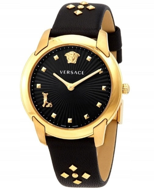 Versace Audrey Quartz Black Dial Black Leather Strap Women Watch - VELR00319