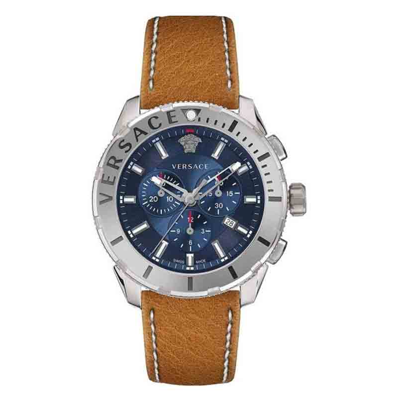 Versace Casual Chronograph men's watch with blue dial, stainless steel case, and brown leather strap