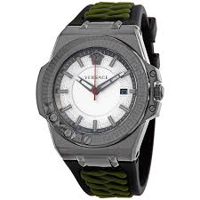 Versace Chain Reaction watch angled view showing white dial and green rubber strap