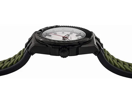 Versace Chain Reaction watch worn on wrist with green rubber strap visible