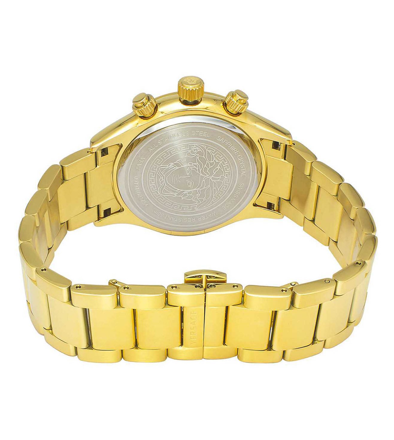 Caseback view of Versace Chronograph Classic with engraved medallion design