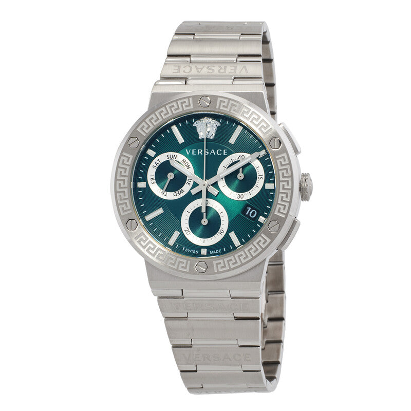 Versace men's stainless steel chronograph watch with a green dial, silver-tone case, and Greek key bezel details, shown on a white background.