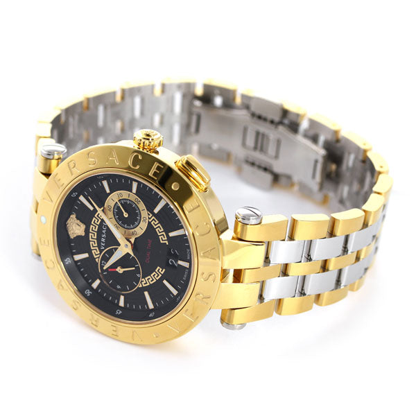 Versace VEBV00519 chronograph watch displayed on wrist with two-tone bracelet