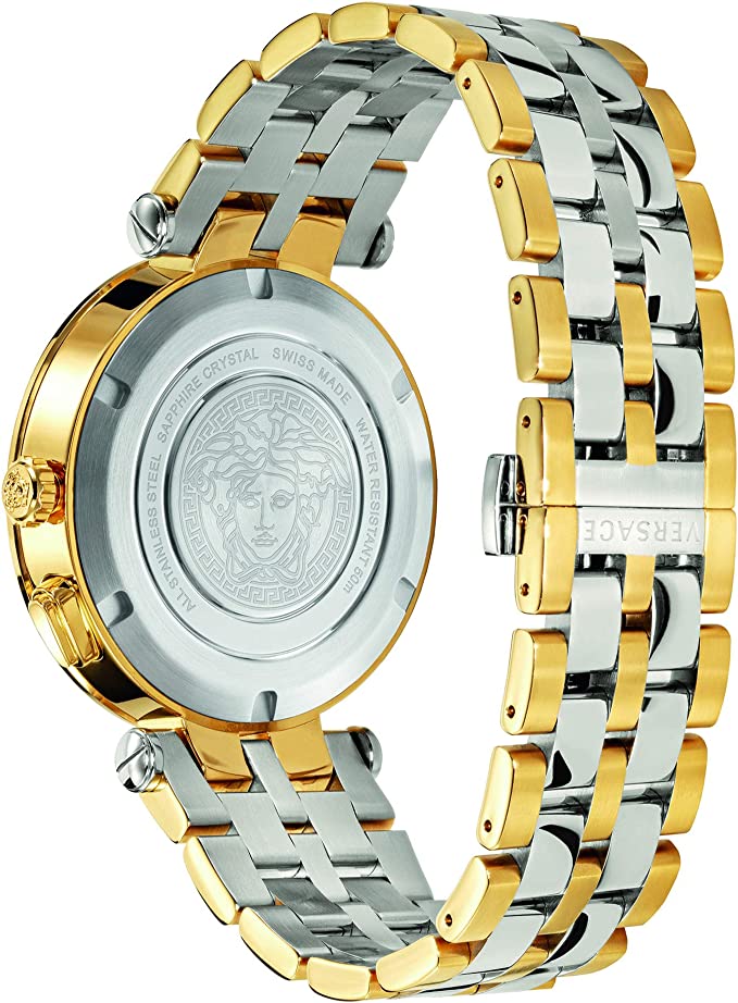 Versace VEBV00519 watch caseback showing Medusa design and two-tone bracelet