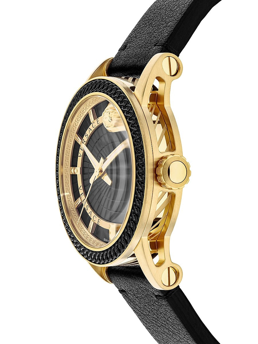 Versace Code watch side view showing gold case and black leather strap