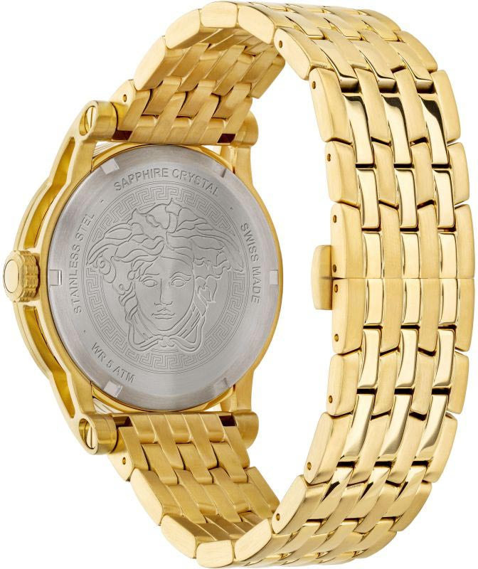 Versace Code caseback showing sapphire crystal, Medusa head medallion, and gold bracelet