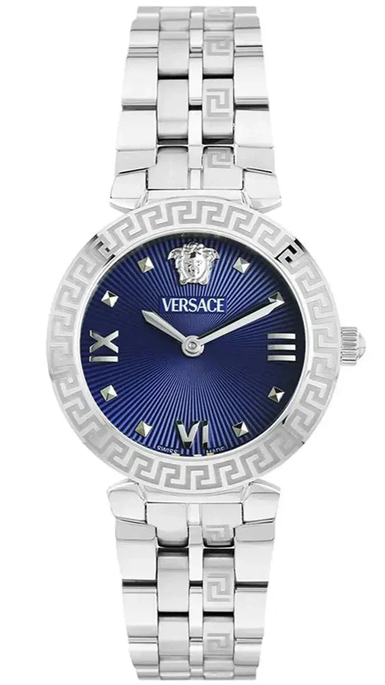 Versace Daphnis women's watch with blue dial and silver steel bracelet, front view