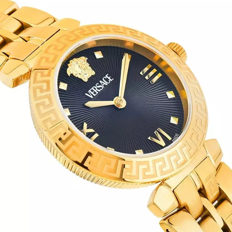 Versace Daphnis watch angled view showing black dial, gold bezel with Greek key pattern, and strap