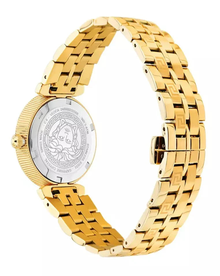 Versace Daphnis caseback showing engraved Medusa head logo on gold stainless steel