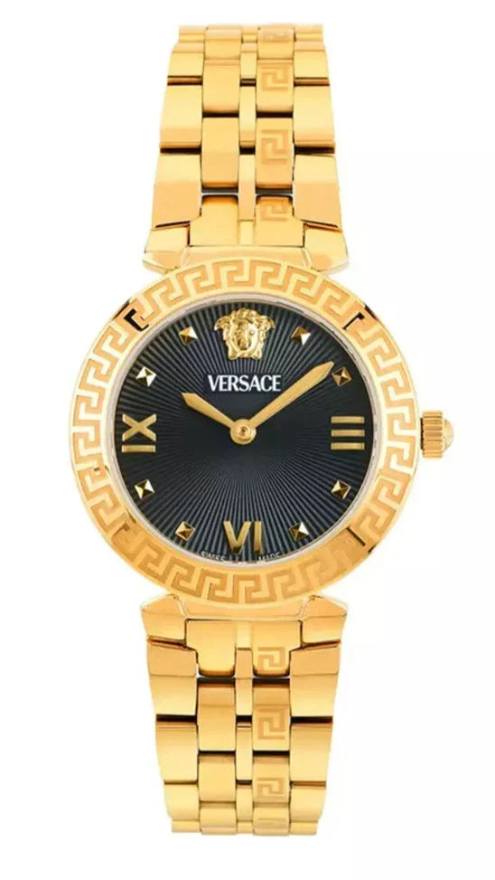 Versace Daphnis gold watch with black dial and gold Roman numerals
