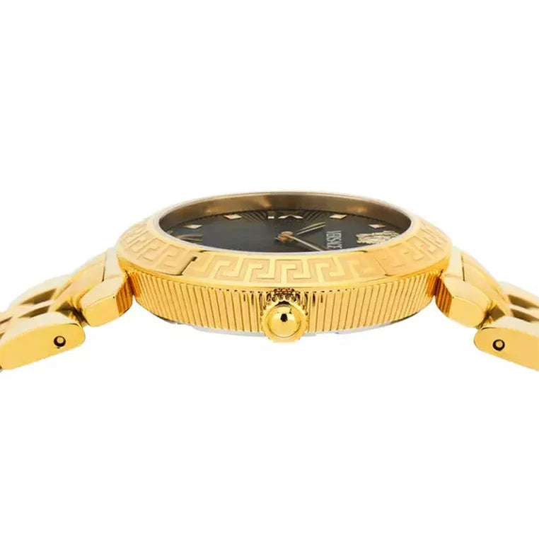 Side view of Versace Daphnis watch showing gold bezel with ribbed texture and lugs