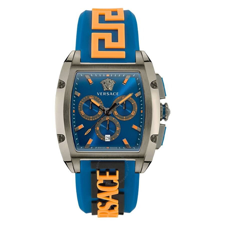 Versace Dominus chronograph watch with blue dial, orange chronograph subdials, stainless steel case, and blue rubber strap with orange pattern