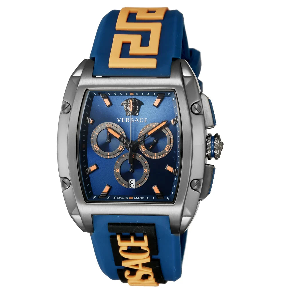 Versace Dominus chronograph watch on wrist showing blue dial with orange accents and blue rubber strap