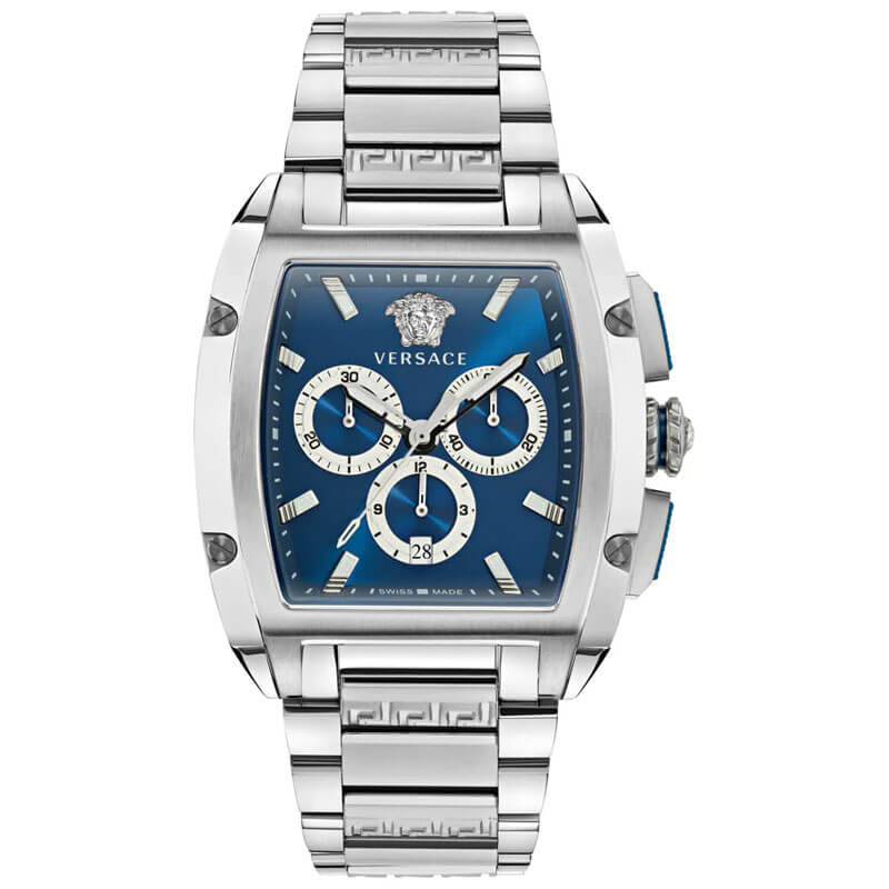 Versace Dominus stainless steel rectangular watch with blue dial and chronograph subdials