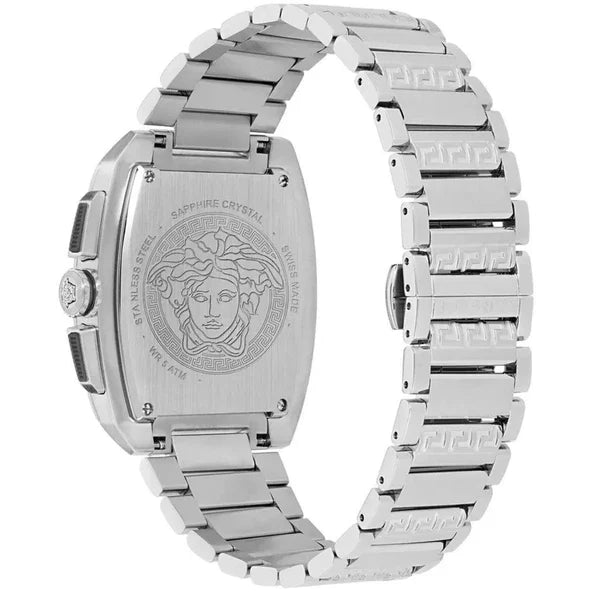 Caseback of Versace Dominus watch featuring Medusa logo and sapphire crystal inscription