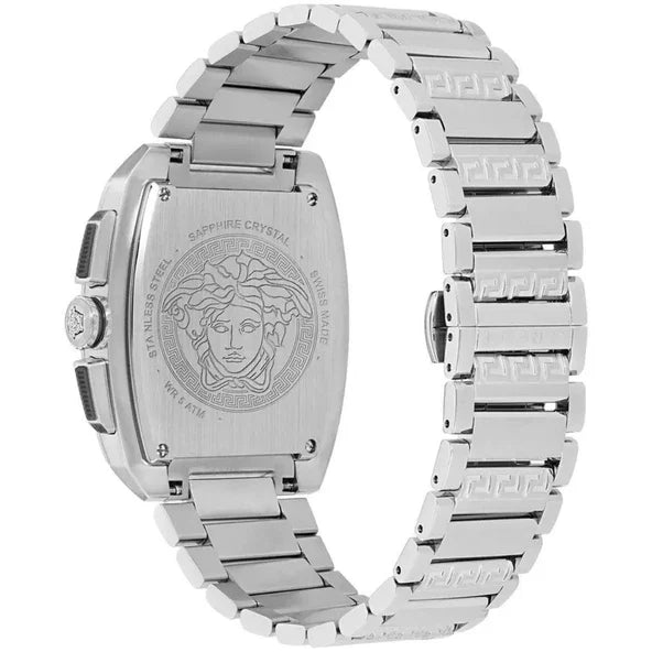 Caseback of Versace Dominus watch featuring Medusa logo and sapphire crystal inscription