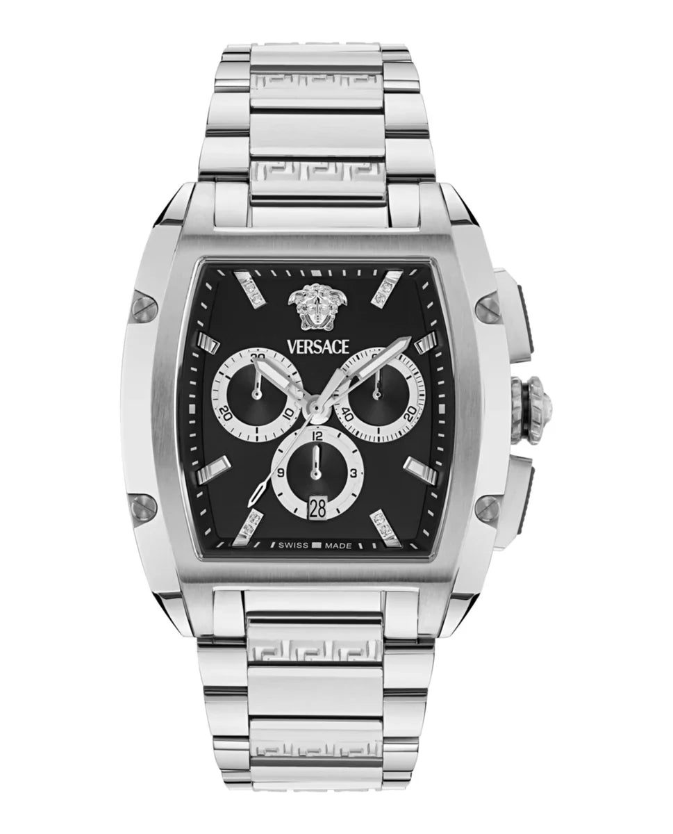 Versace Dominus chronograph watch with black dial and stainless steel case and bracelet