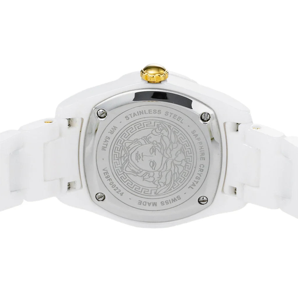 Caseback of Versace DV One Mini with Medusa medallion and stainless steel engraving
