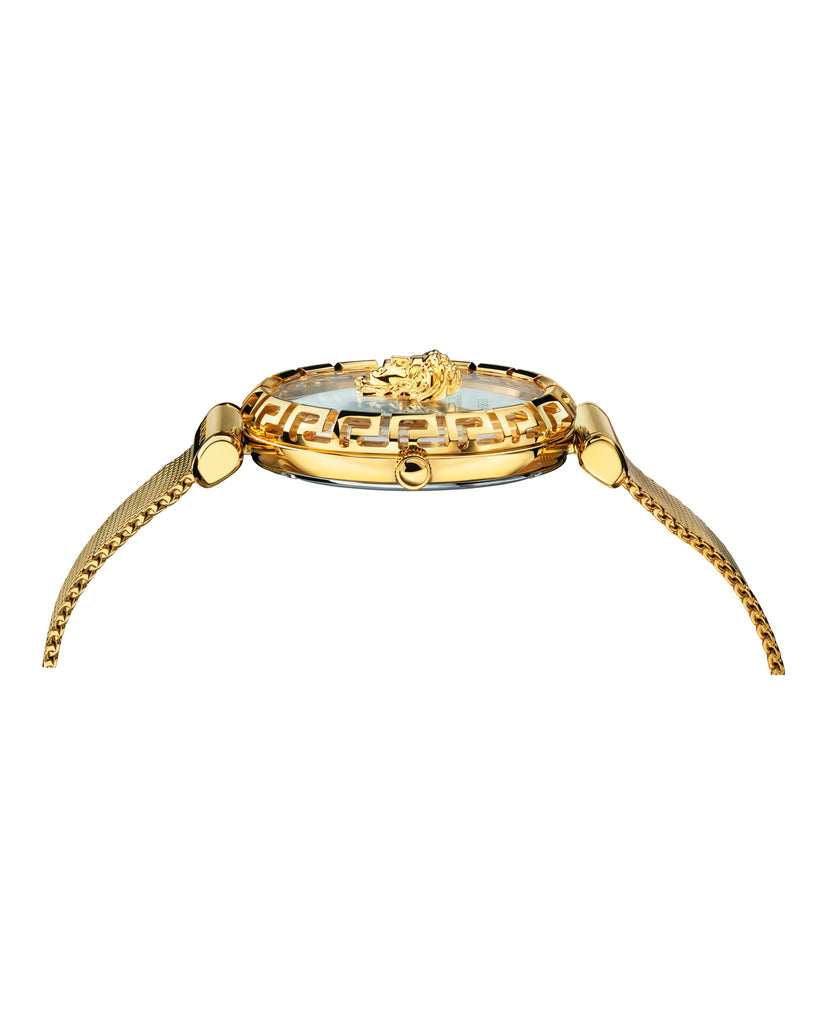 Top-down view of Versace Empire Greca gold watch showing Greek key bezel and mesh strap