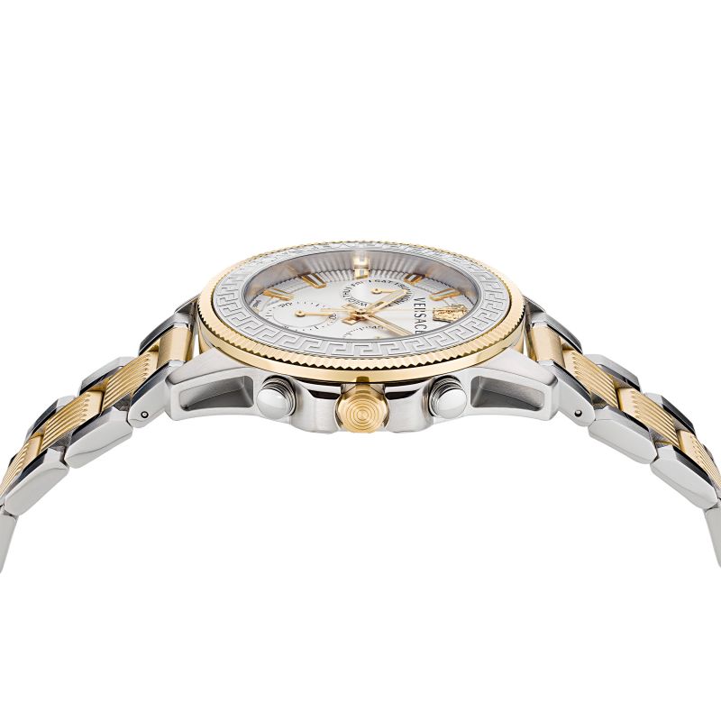 Angled side view of Versace Greca Action two-tone chronograph watch showing case profile and mixed metal bracelet