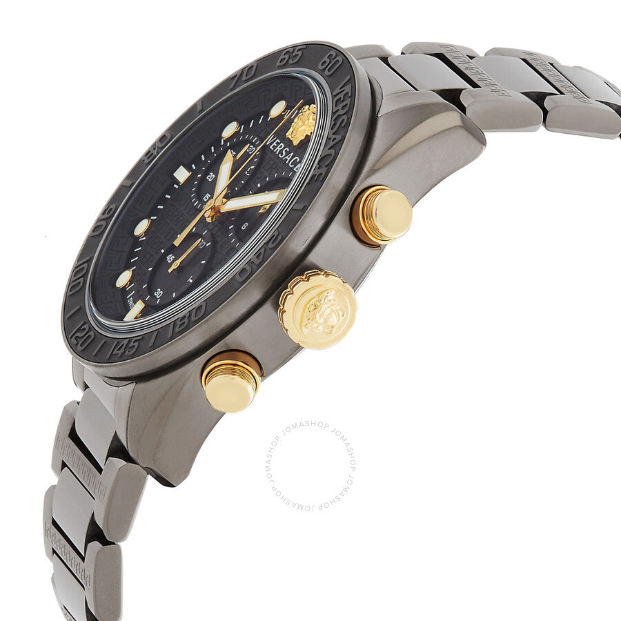 Versace Greca Dome Chronograph side view showing black bezel, gold chronograph pushers, and gunmetal steel bracelet